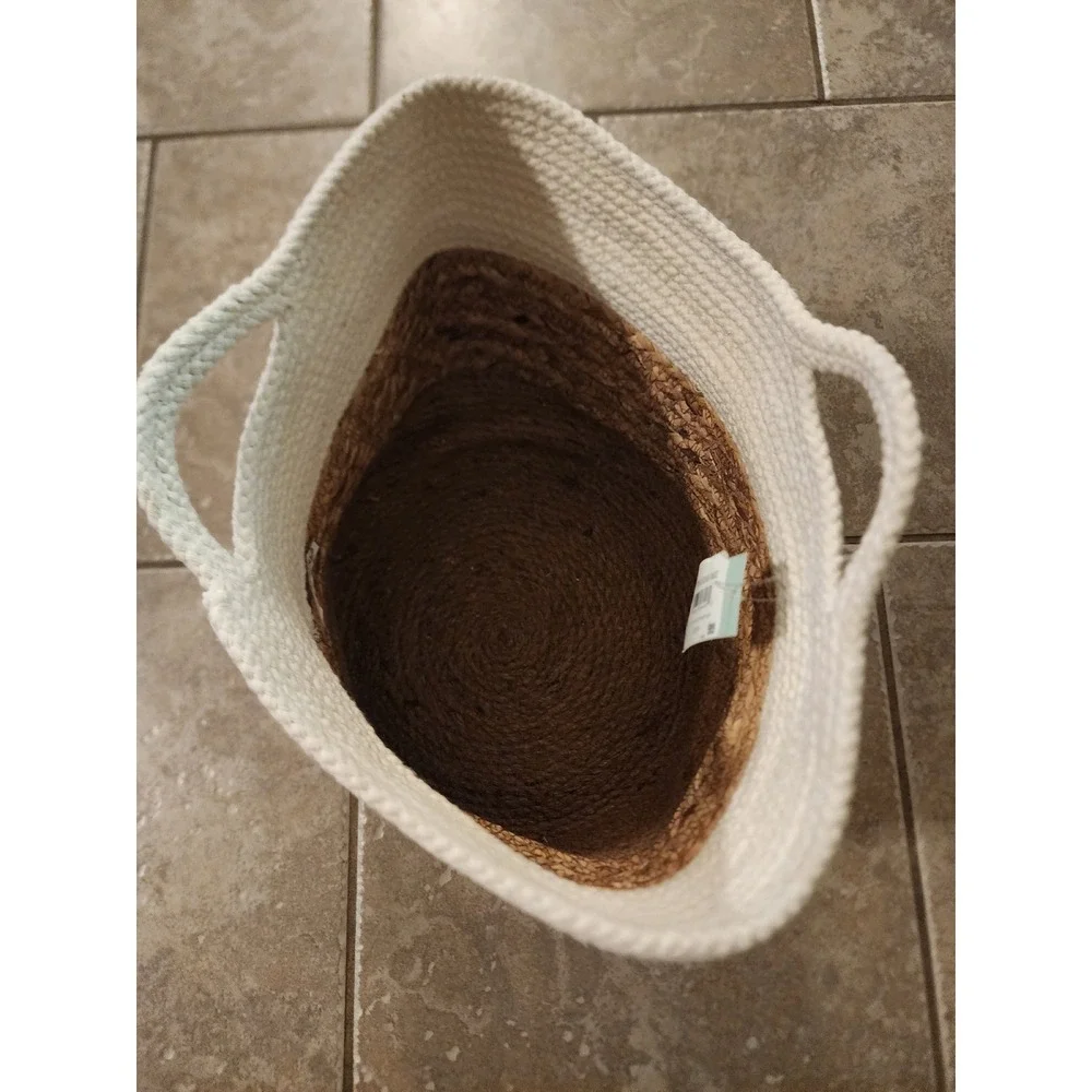 Plant Source 11 Inch Tropical Foliage Woven Jute Cotton Rope Basket Cream
